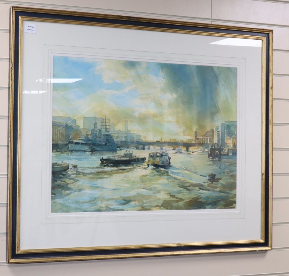 Alexander Creswell (1957-), watercolour, View along The Thames with HMS Belfast, signed, 55 x 75cm